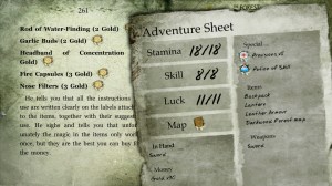 A qualquer momento fora das batalhas podemos consultar o nosso inventário e usar alguns dos itens para regenerar vida, skill ou luck