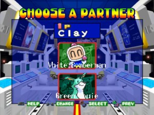 Inicialmente começamos por escolher qual a dupla de bomberman + animal queremos jogar. Posteriormente poderemos comprar outros animais